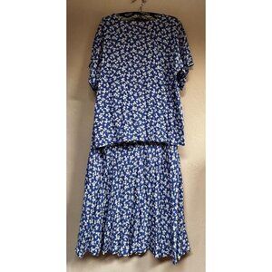 Vintage Carol Bird Blue Floral Short Sleeve Top & Pleated Midi Skirt Set Sz 6/4